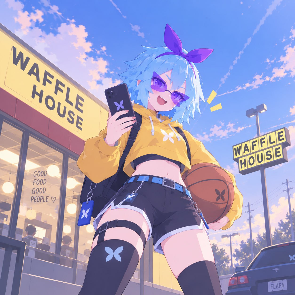 Flapa outside a waffle restaurant with a basketball